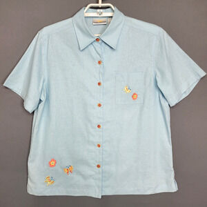 SunBay Cottons Top Womens Small Blue Linen Cotton Button Front Embroidered Shirt